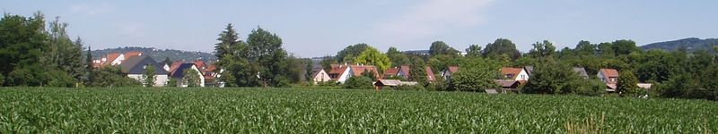 Häuser von Sirnau hinter einem grünen Feld, umgeben von Bäumen und Hügeln unter blauem Himmel.